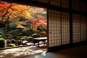 Scenery of brilliant maple foliage in the courtyard garden viewed thru the Shoji window of a traditional Japanese Tatami room on a beautiful sunny autumn day. generative ai. photo