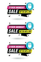 Cyber monday sale, black labels set. Sale 30, 40, 50 off discount vector