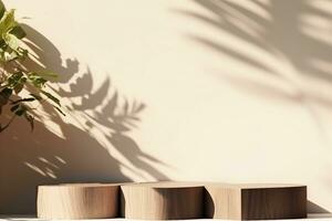 empty natural wooden log with wood grain podium for organic products overlay display under sunlight with foliage leaves shadow on beige wall in background. generative ai. photo