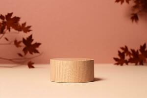 brown box made of precious wood, block, cylindrical podium, branch with maple leaves on a peach-colored background. conceptual autumn scene, stage showcase, product, promotion. generative ai. photo