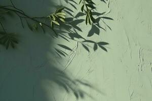 Abstract tree leaves shadows on gray green concrete wall texture with roughness and irregularities. Abstract trendy nature concept background. Copy space for text overlay. generative ai. photo