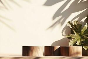 empty natural wooden log with wood grain podium for organic products overlay display under sunlight with foliage leaves shadow on beige wall in background. generative ai. photo