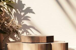 empty natural wooden log with wood grain podium for organic products overlay display under sunlight with foliage leaves shadow on beige wall in background. generative ai. photo