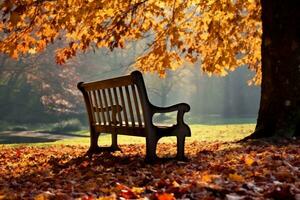 Bench in autumn park. Autumn landscape. generative ai. photo