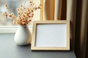 Picture frame mockup and vase of dried linum on windowsill top view. Flat lay, top view, copy space. generative ai. photo