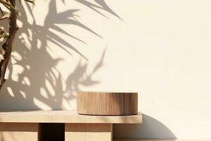 empty natural wooden log with wood grain podium for organic products overlay display under sunlight with foliage leaves shadow on beige wall in background. generative ai. photo