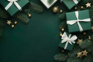 Christmas border with xmas tree and gifts on green background. Winter holiday. Happy New Year. Space for text. View from above, flat lay. Xmas. Template, mockup. Greeting card. generative ai. photo
