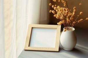 Picture frame mockup and vase of dried linum on windowsill top view. Flat lay, top view, copy space. generative ai. photo