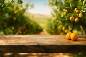 Empty wood table with free space over orange trees, orange field background. For product display montage. generative ai. photo