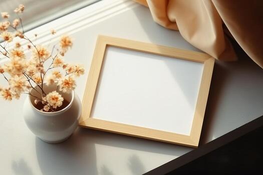 Picture frame mockup and vase of dried linum on windowsill top view. Flat lay, top view, copy space. generative ai. photo