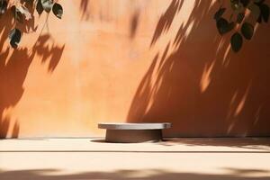 Orange Backdrop Podium Pattern for add Product,Abstract Texture Shadow Leaves Overlay with Sun Light Background,Design Autumn Summer Table Studio Room with Sun Light. generative ai. photo