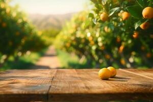 Empty wood table with free space over orange trees, orange field background. For product display montage. generative ai. photo