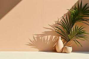Minimal modern product display on textured beige background with palm shadows overlay. generative ai. photo