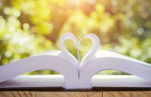 libros en un jardín mesa, corazón conformado, bokeh antecedentes foto