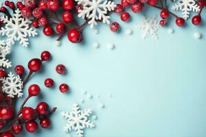 Christmas or winter composition. Frame made of snowflakes and red berries on pastel blue background. Christmas, winter, new year concept. Flat lay, top view, copy space. generative ai. photo