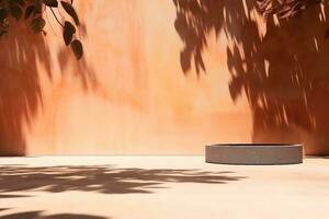 Orange Backdrop Podium Pattern for add Product,Abstract Texture Shadow Leaves Overlay with Sun Light Background,Design Autumn Summer Table Studio Room with Sun Light. generative ai. photo
