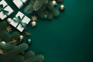 Christmas border with xmas tree and gifts on green background. Winter holiday. Happy New Year. Space for text. View from above, flat lay. Xmas. Template, mockup. Greeting card. generative ai. photo
