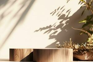 empty natural wooden log with wood grain podium for organic products overlay display under sunlight with foliage leaves shadow on beige wall in background. generative ai. photo