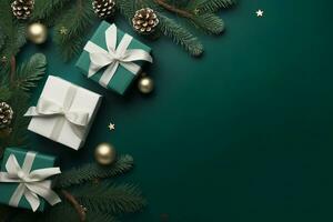 Christmas border with xmas tree and gifts on green background. Winter holiday. Happy New Year. Space for text. View from above, flat lay. Xmas. Template, mockup. Greeting card. generative ai. photo