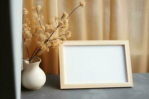 Picture frame mockup and vase of dried linum on windowsill top view. Flat lay, top view, copy space. generative ai. photo