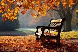 Bench in autumn park. Autumn landscape. generative ai. photo