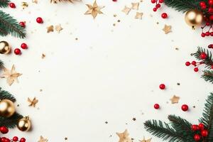 Christmas composition. Frame made of christmas tree branches, golden decorations and red berries on white background. Flat lay, top view, copy space. generative ai. photo