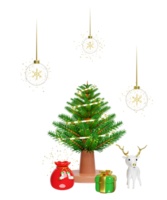 3d snow ball, ornaments glass transparent with reindeer, pine tree, gift box, snowflake, gift bag. merry christmas and happy new year, 3d render illustration png