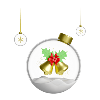 snö klot jul dekorativ glas transparent med klingande klocka, röd rosett, järnek bär löv, snöflinga. glad jul och Lycklig ny år, 3d framställa illustration png