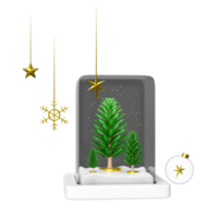 christmas cube glass dome with snow globe, christmas tree, star, snowflake, confetti. merry Christmas and festive New Year, 3d render illustration png