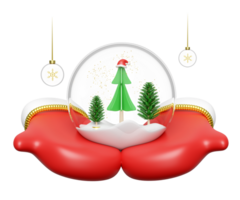 3d snow ball, ornaments glass transparent on warm mittens with santa claus hat, pine tree, snowflake, confetti. merry christmas and happy new year, 3d render illustration png