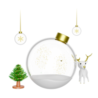 3d snow ball, ornaments glass transparent with reindeer, pine tree, snowflake, confetti. merry christmas and happy new year, 3d render illustration png