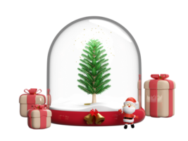 christmas glass dome with christmas tree, star, gift box, santa claus. merry christmas and festive New Year, 3d render illustration png