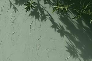 Abstract tree leaves shadows on gray green concrete wall texture with roughness and irregularities. Abstract trendy nature concept background. Copy space for text overlay. generative ai. photo