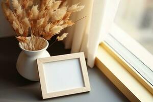 Picture frame mockup and vase of dried linum on windowsill top view. Flat lay, top view, copy space. generative ai. photo