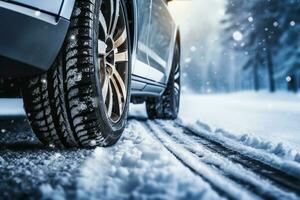 Winter tire. Car on snow road. Tires on snowy highway detail. generative ai. photo
