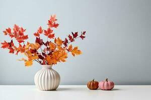 home interior with decor elements. Colorful autumn leaves in a vase on a light background. Mock up for displaying works. generative ai. photo