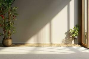 empty blank new luxury residential with shiny metal gold folding door frame to balcony, Green houseplants, Morning sunlight, Moving in, Home, Carpet floor, Backdrop, Indoor, Apartment. generative ai photo
