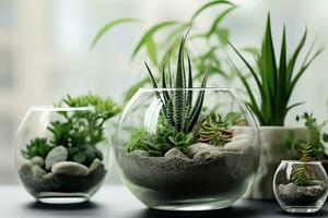 interior diseño, mini suculento jardín en vaso terrario en antepecho. generativo ai. foto