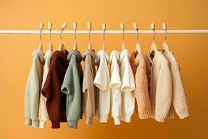 stylish baby clothes hanging on rack against color background. created generative ai. photo