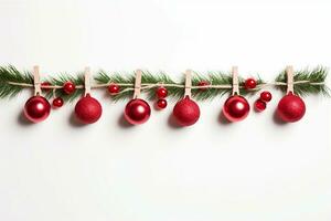 Christmas composition. Garland made of red balls and fir tree branches on white background. Christmas, winter, new year concept. Flat lay, top view, copy space. generative ai. photo
