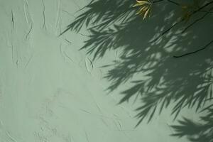 Abstract tree leaves shadows on gray green concrete wall texture with roughness and irregularities. Abstract trendy nature concept background. Copy space for text overlay. generative ai. photo