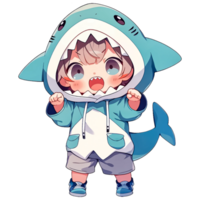 süß Chibi Junge tragen ein Hai Kapuzenpullover ai generativ png