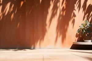 Orange Backdrop Podium Pattern for add Product,Abstract Texture Shadow Leaves Overlay with Sun Light Background,Design Autumn Summer Table Studio Room with Sun Light. generative ai. photo