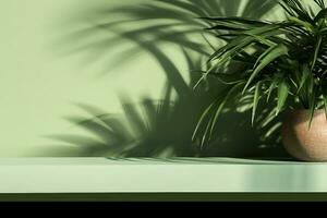 Modern minimal empty matte green counter table top, bamboo palm tree in sunlight, leaf shadow on green wall background for luxury product display. generative ai. photo