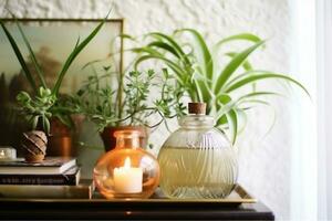 interior design, Vintage home decor candles, aroma diffuser, plant and frames. Selective focus. generative ai. photo