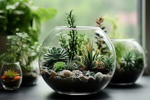 interior design, Mini succulent garden in glass terrarium on windowsill. generative ai. photo