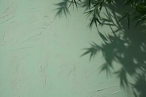 Abstract tree leaves shadows on gray green concrete wall texture with roughness and irregularities. Abstract trendy nature concept background. Copy space for text overlay. generative ai. photo