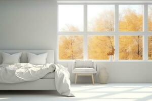 White stylish minimalist bedroom with armchair and autumn landscape in window. Scandinavian interior design. generative ai. photo