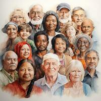personas de diferente etnias y siglos. mano dibujado estilo. ai generado foto