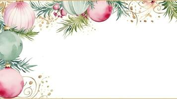 Christmas border with pink balls on white background. Watercolor Christmas and New Year background. Ai generated photo